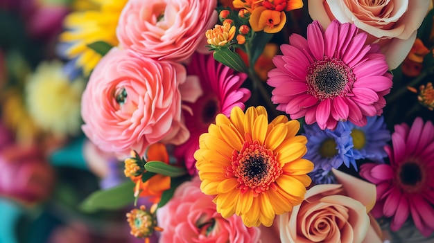 Foto ikebana-gerbera's, boterbloemen en chrysanten in een origineel boeket van close-ups tegen een