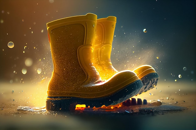 Premium AI Image | Ikkustration of yellow rubber boots and water splash AI