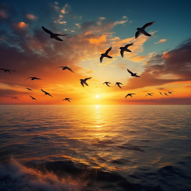 Photo ilhouette flock of birds in v shaped flying over the sea at sunset birds flying in autumn equinox