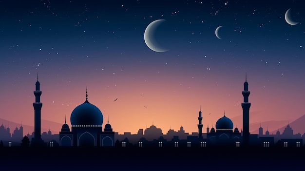 ilhouette of mosques dome with crescent moon