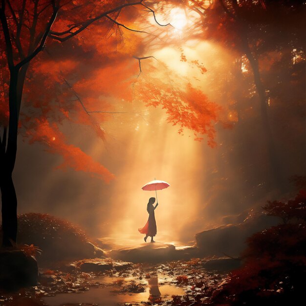 ilhouette of a person in autumn forest dreamy light scene created using generative AI tools
