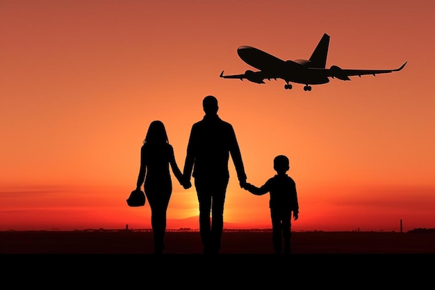 Ilhouette of young family and airplane