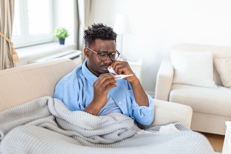 Photo ill african young man covered with blanket blowing running nose got fever caught cold sneezing in tissue sit on sofa sick allergic black man having allergy symptoms coughing at home corona 19