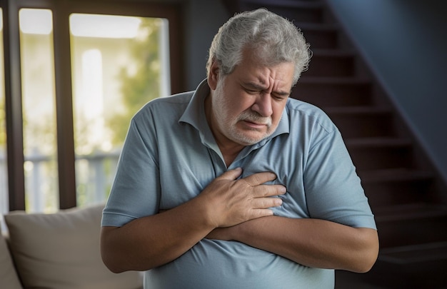 写真 心臓病の症状で苦しんでいる病気の男