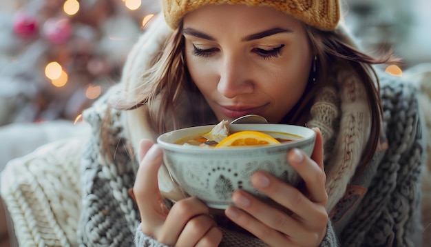 Foto giovane donna malata che mangia zuppa di pollo a casa