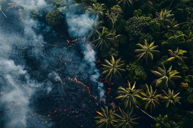 Illegal fires causing deforestation in a tropical rainforest A concerning environmental issue Concept Illegal Fires Deforestation Tropical Rainforest Environmental Issue Concerning