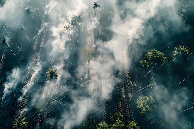 Illegal fires in tropical rainforest causing deforestation and environmental damage Aerial view Concept Illegal Fires Tropical Rainforest Deforestation Environmental Damage Aerial View