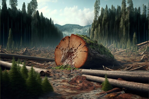 Illegal Logging and Deforestation landscape view of trees cut felled and fallen trees and stumps background AI generative