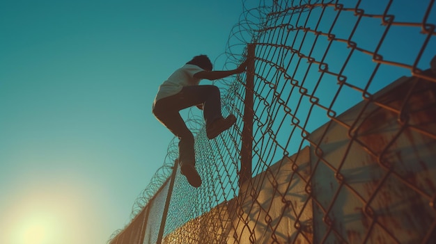 Photo an illegal migrant climbs over a fence on the mexicous border
