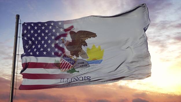 깃대에 일리노이와 미국 국기입니다. 미국 및 일리노이 혼합 된 플랙 손 흔드는 바람