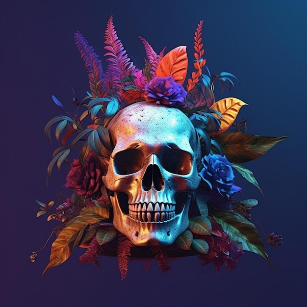 A illstration of a skull with a bunch of plants on it