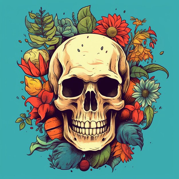 Photo a illstration of a skull with a bunch of plants on it