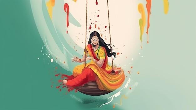 Foto illsuatrtion van indian festival hariyali teej betekent groene teej vrouw geniet van het festival met swing in moesson op prachtige landschap backdropillustration