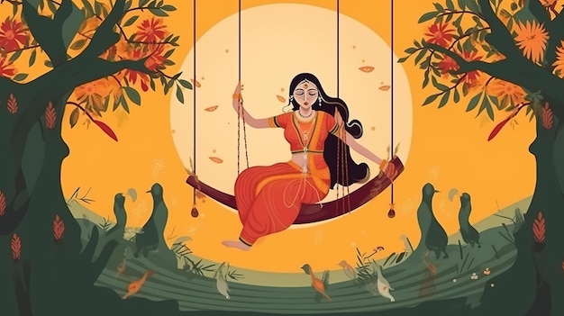 Foto illsuatrtion van indian festival hariyali teej betekent groene teej vrouw geniet van het festival met swing in moesson op prachtige landschap backdropillustration