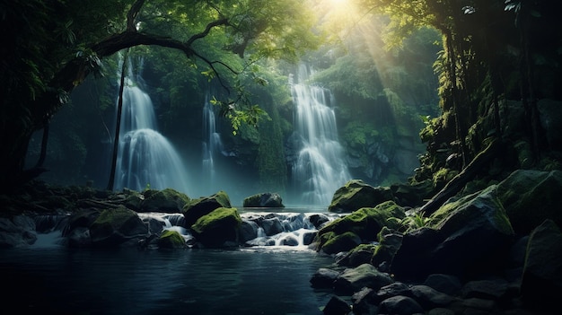 Illuminate a calming waterfall in a verdant forest surrounded by lush greenery and creating a seren