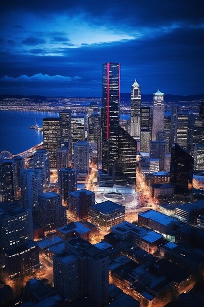 Illuminated aerial cityscape of seattle