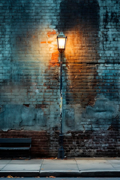 写真 夕暮れ の 後 に 照らさ れ た ヴィンテージ ランプ と レンガ の 壁