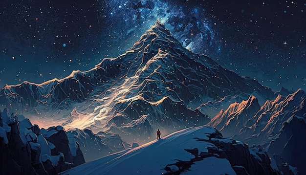 Illuminated Alps Mountain Range with Starry Space Night by Generative AI