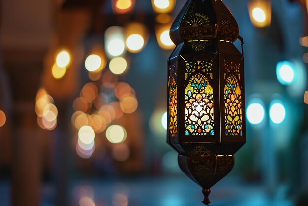 An illuminated Arabic colorful hanging Ramadan lantern
