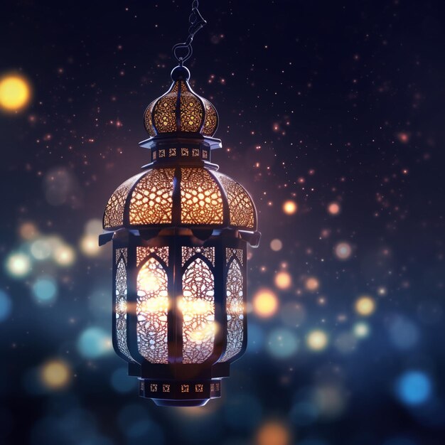 Foto lanterna araba illuminata sulla luna crescente della comunità musulmana della moschea ramadan kareem