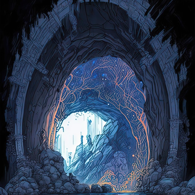 Illuminated arch portal in rock in underground dimension\
digital art style illustration painting