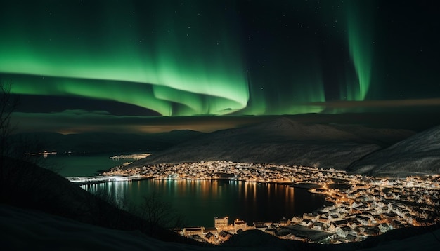 Illuminated arctic landscape majestic mountain range multi colored aurora generated by AI