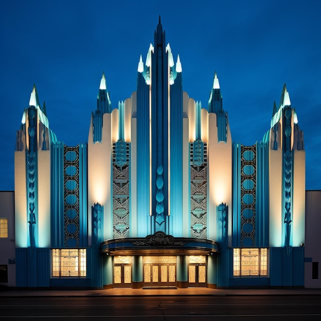 Illuminated Art Nouveau Theatre at night with blue sky