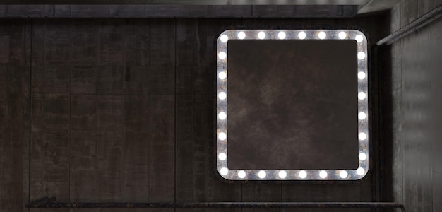 照らされたビルボード 壁のレトロスタイルのフレームに光るネオンで空白の輝きのサイン