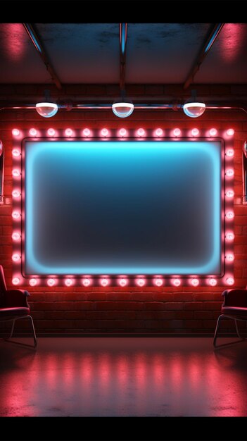 Photo illuminated billboard on a wall with retro style frame and neon vertical mobile wallpaper