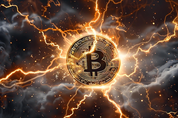 Illuminated Bitcoin Symbol Amidst Lightning Storm Over Cityscape
