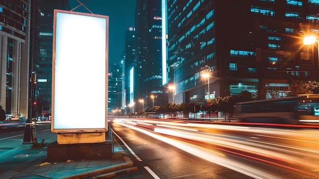 Illuminated Blank Billboard in a Busy City at Night Ideal for Advertising and Marketing Urban Environment with Long Exposure Traffic Lights AI