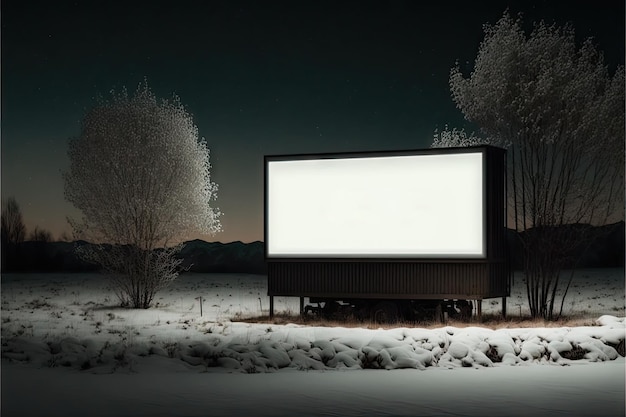 Illuminated blank billboard mockup along road on winter evening created with generative ai