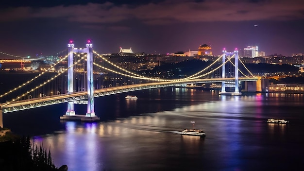 Illuminated bosphorus bridge at night istanbul turkey