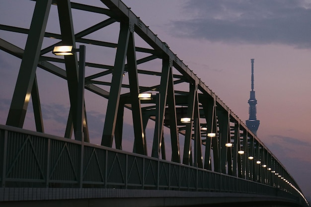 夕暮れの空に照らされた東京スカイツリーの橋