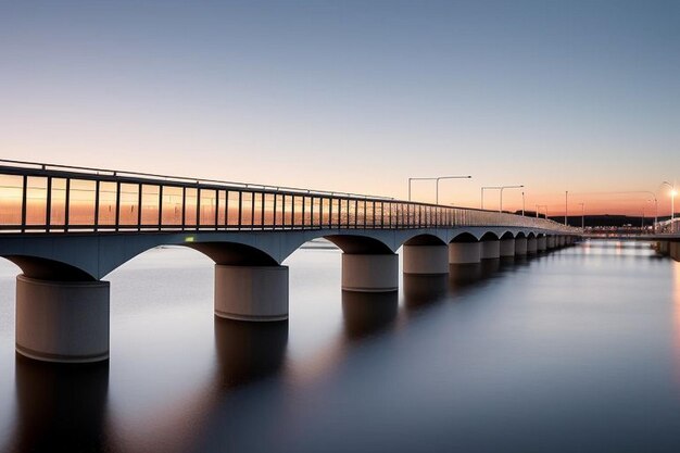 Фото Освещенный мост через реку на фоне неба в сумерках