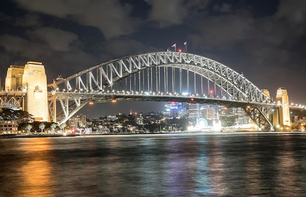 Illuminated bridge over river at night