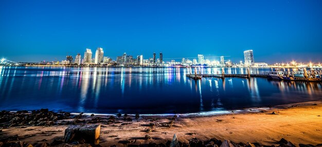 Illuminated buildings by river against blue sky