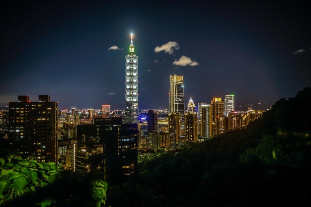 Illuminated buildings in city at night