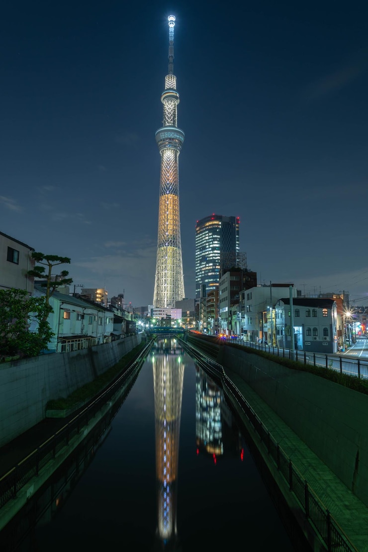 Photo 夜街の照らされた建物
