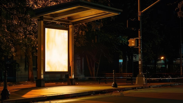 Illuminated bus stop with blank billboard at night