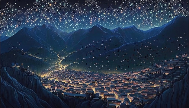 Illuminated Caucasus Mountain Range with Starry Space Night by Generative AI