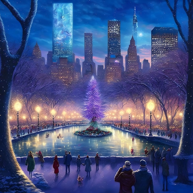 Illuminated central park at christmas night many people around christmas tree in the middle neural network generated art