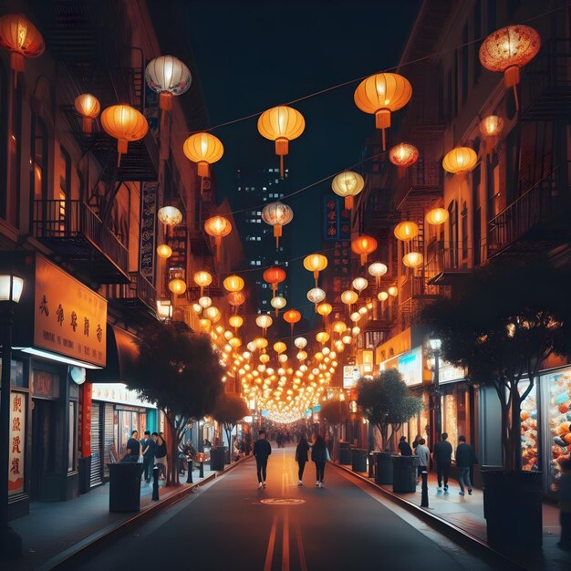 Illuminated Chinese Lanterns Adorn a Traditional Street at Dusk Evoking a Festive Atmosphere