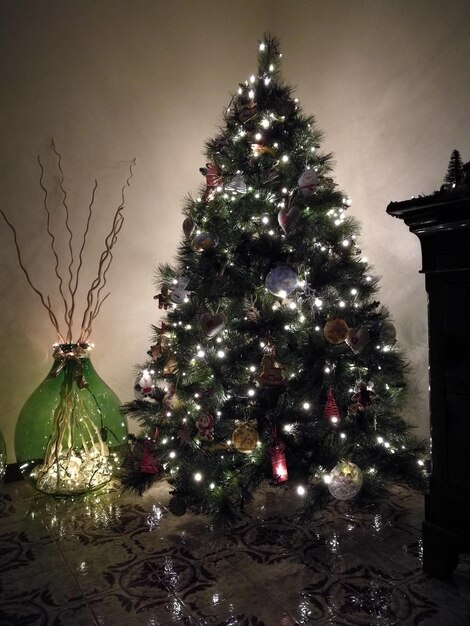 Illuminated christmas tree at night