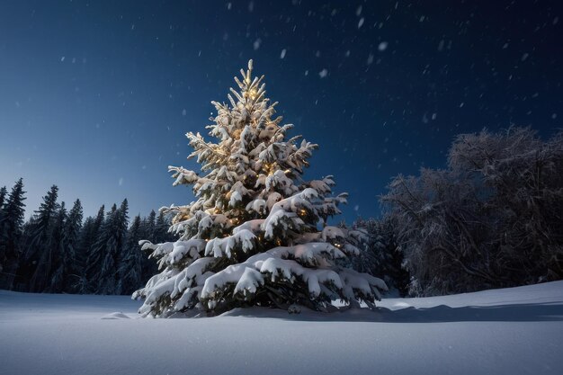 Illuminated Christmas tree in snowy night