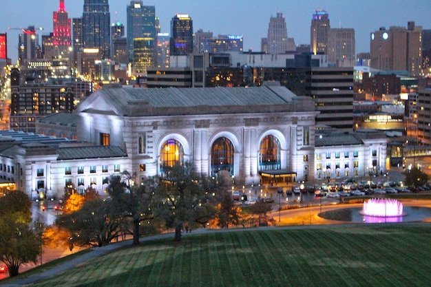 Illuminated city buildings at night