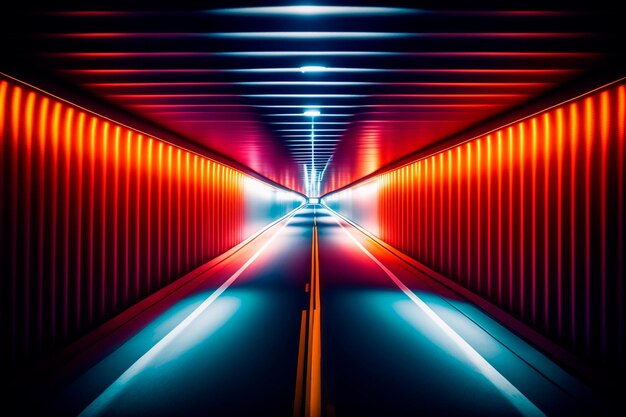 Illuminated city highway tunnel with car light - Futuristic background - Generative AI