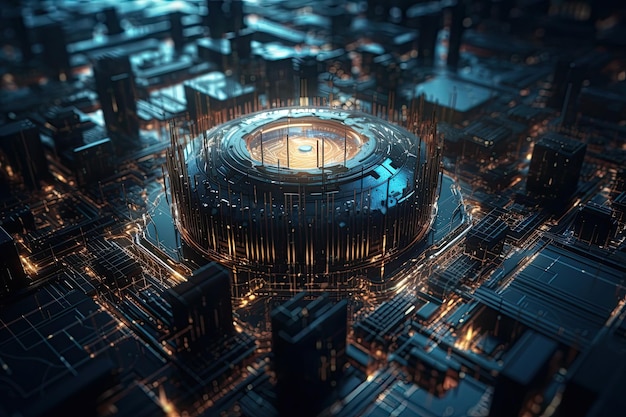 An illuminated cityscape viewed from above at night Generative AI