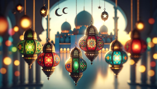 Illuminated Colorful Lanterns Hanging in an Ornate Arabian Setting with Crescent Moons and Stars