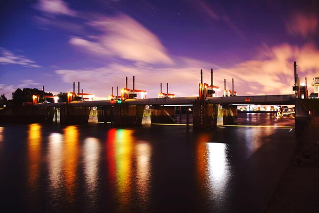 illuminated commercial dock during sunset